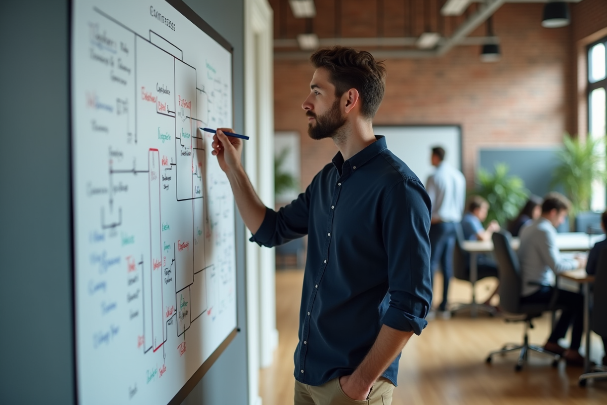 Jeune chef de projet esquissant un diagramme sur un mur