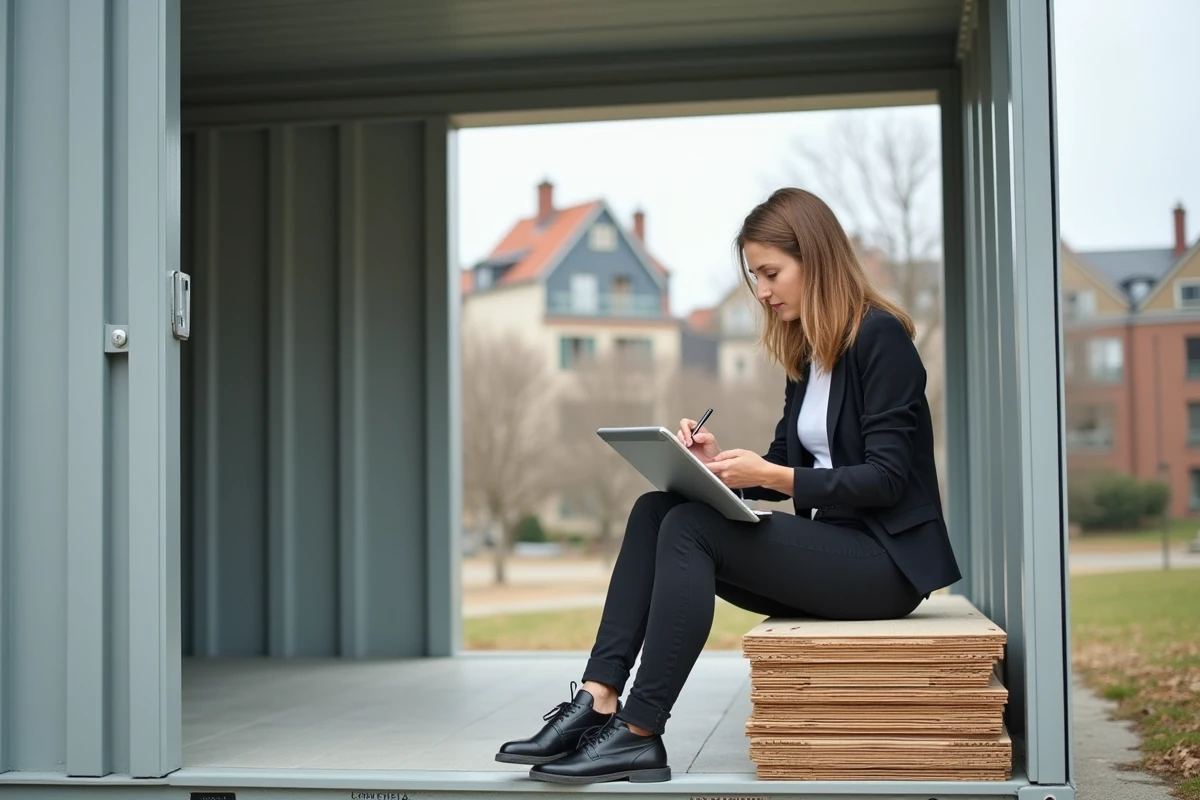Jeune architecte dessinant des plans dans un espace extérieur