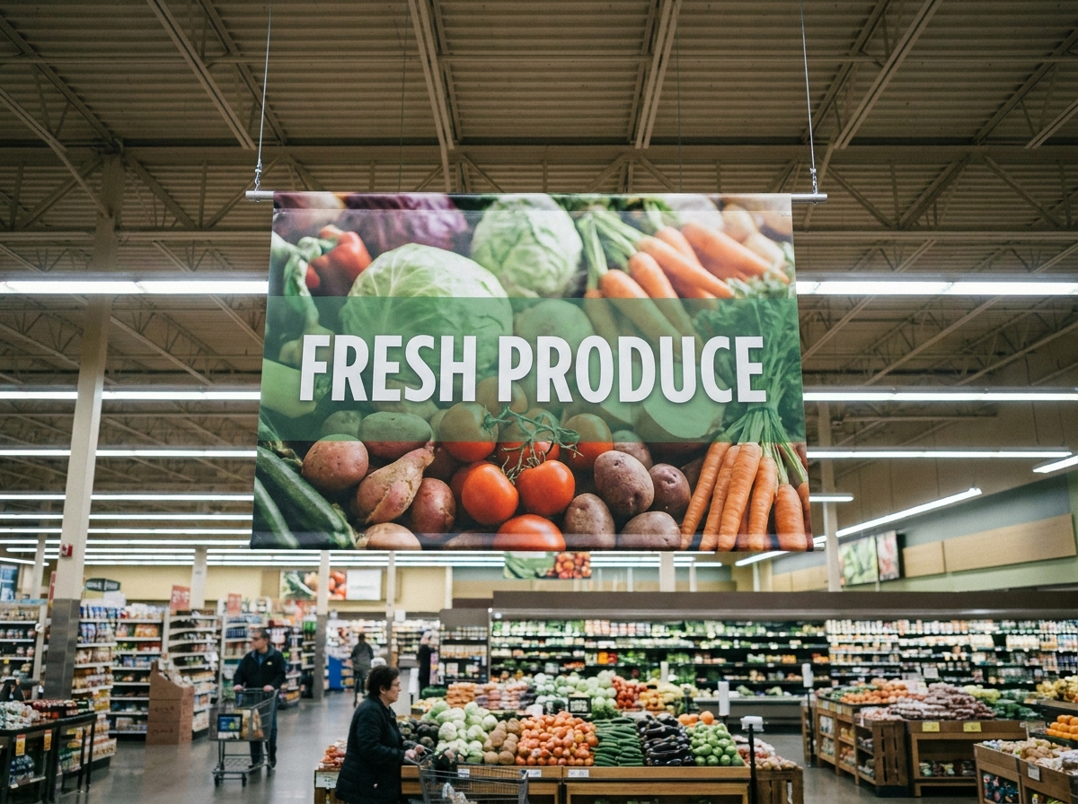 Kakémono suspendu au plafond d'un supermarché signalant un univers produit depuis le bout de l'allée