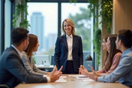 Leader inclusive en blazer marine animant une réunion collaborative avec une équipe diversifiée dans un bureau moderne