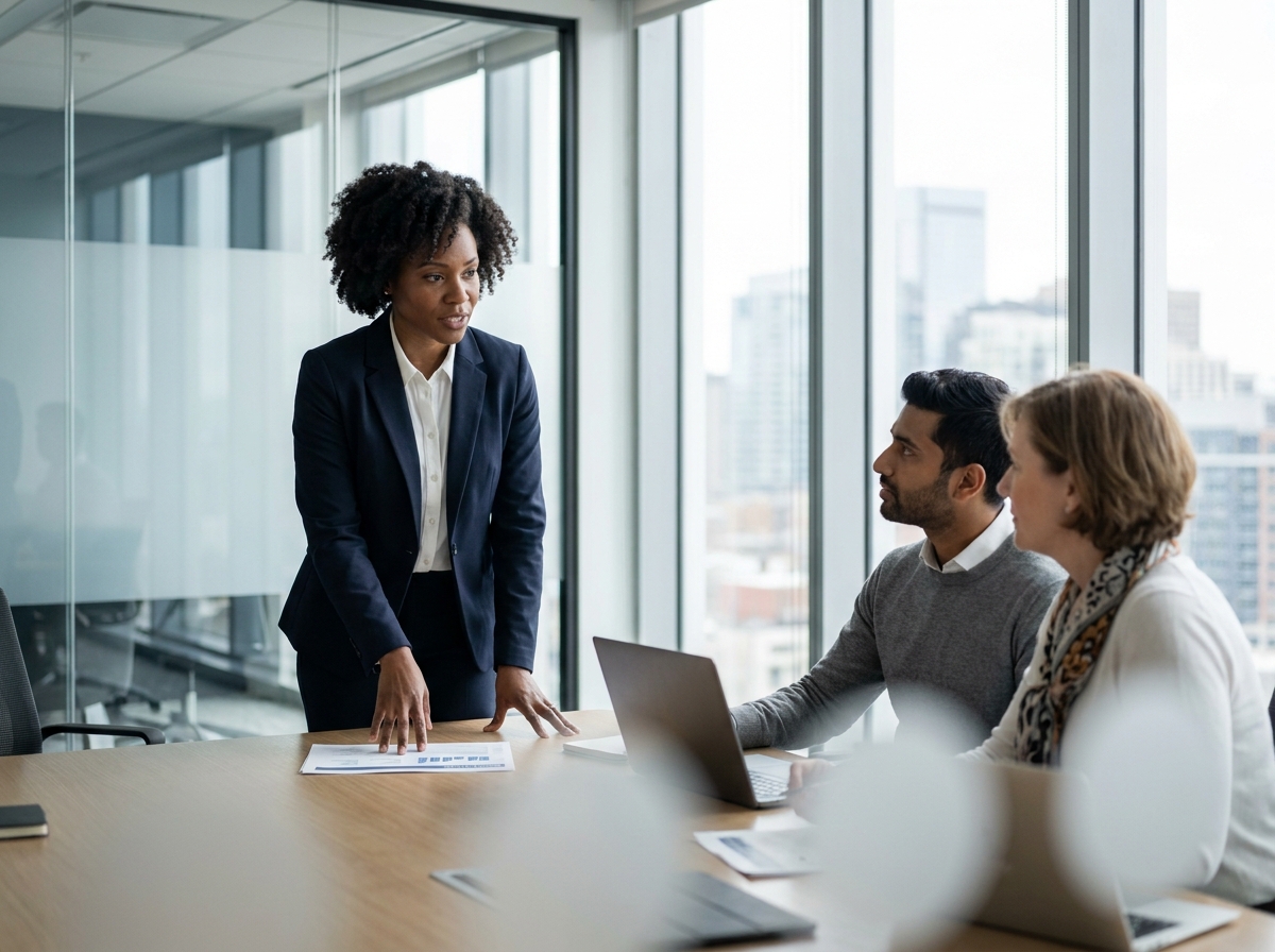 Femme cadre présentant une stratégie à ses collègues dans une salle de réunion vitrée, symbolisant le leadership et l'inclusion en entreprise