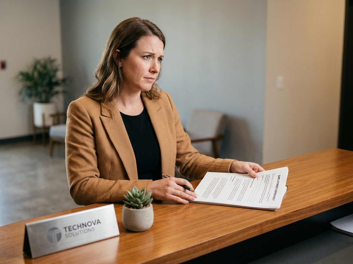 Femme lisant calmement son contrat de travail avant signature dans un espace d'accueil RH moderne