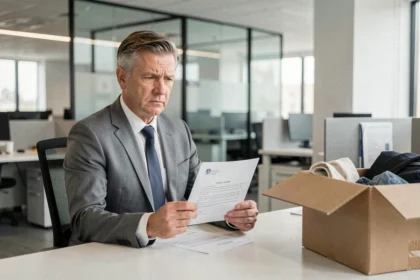 Employé licencié tenant une lettre de licenciement dans un bureau d'entreprise moderne, illustrant le thème du licenciement et du préavis non respecté