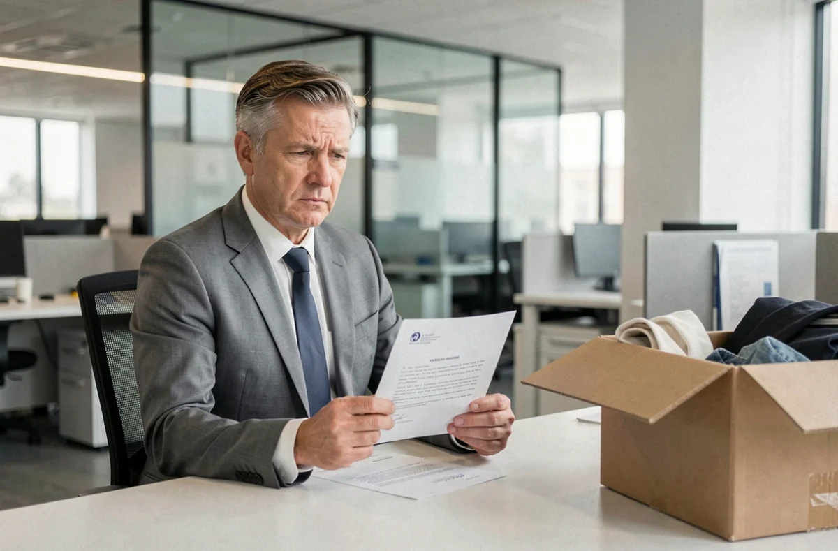 Employé licencié tenant une lettre de licenciement dans un bureau d'entreprise moderne, illustrant le thème du licenciement et du préavis non respecté