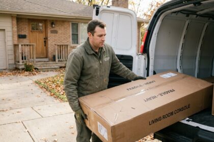 Livreur déchargeant un grand colis de meuble d'un camion de livraison devant une maison pavillonnaire