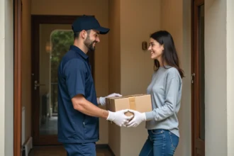 Livreur remettant un colis à une cliente devant son appartement pour une livraison e-commerce en 2026