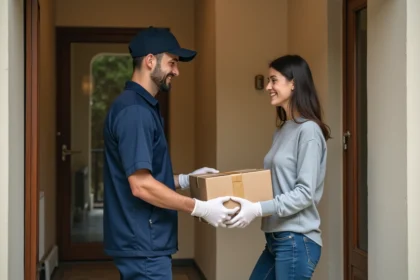 Livreur remettant un colis à une cliente devant son appartement pour une livraison e-commerce en 2026