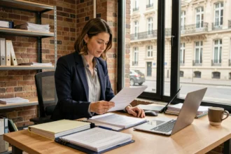 Femme d'affaires consultant un contrat de location de bureau dans un espace de coworking moderne à Saint-Étienne