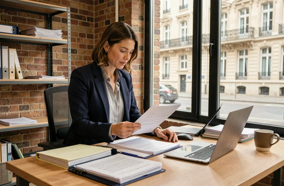Femme d'affaires consultant un contrat de location de bureau dans un espace de coworking moderne à Saint-Étienne