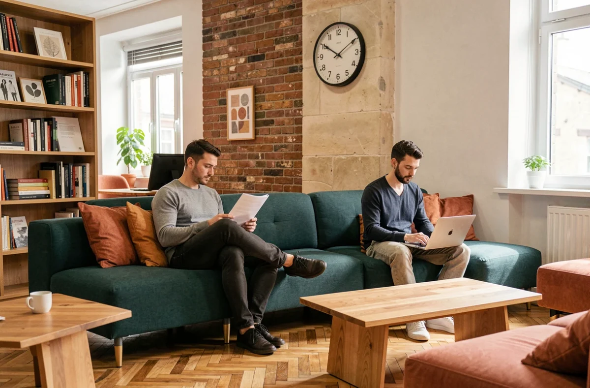 Salon de détente dans un espace de coworking à Cachan avec canapé modulable et deux professionnels en pause de travail