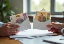 Mains tenant deux enveloppes avec billets euros sur bureau lumineux