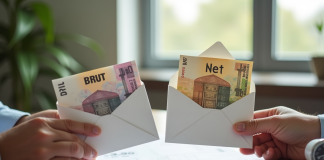 Mains tenant deux enveloppes avec billets euros sur bureau lumineux