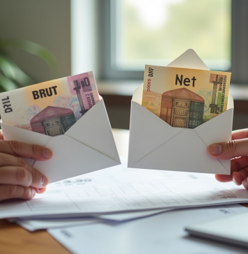 Mains tenant deux enveloppes avec billets euros sur bureau lumineux