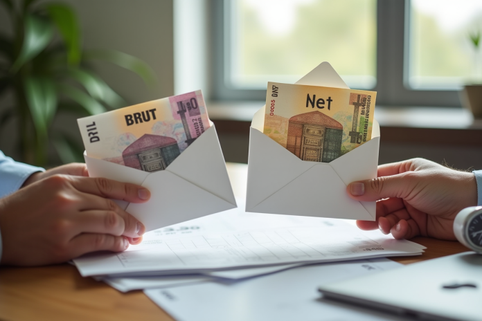 mains-enveloppes-brut-net-euros Mains tenant deux enveloppes avec billets euros sur bureau lumineux