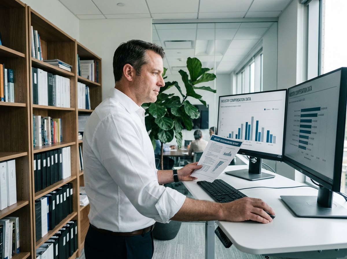 Manager consultant consultant comparant les salaires par métier avec un rapport imprimé dans un bureau privé