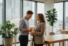 Manager femme en discussion avec un jeune employe dans un bureau