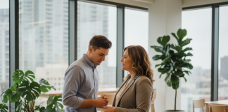 Manager femme en discussion avec un jeune employe dans un bureau