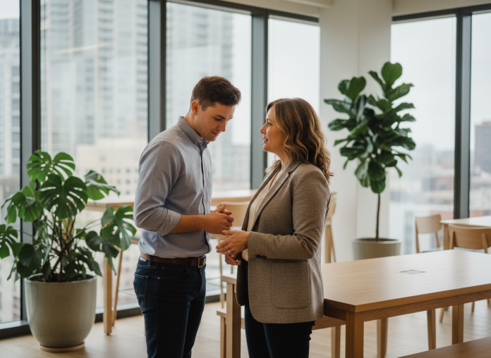 Manager femme en discussion avec un jeune employe dans un bureau
