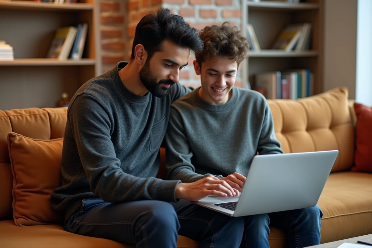 Manager inclusif d'origine sud-asiatique accompagnant un jeune collaborateur dans un espace de coworking chaleureux