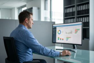 Manager informatique en réunion avec tableau de bord