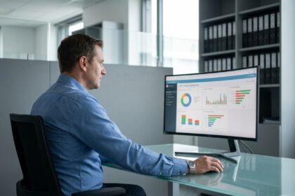 Manager informatique en réunion avec tableau de bord