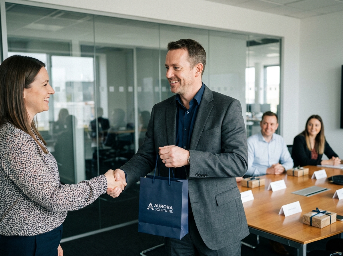 Manager remettant un cadeau personnalisé à un employé lors d'une réunion d'équipe, symbolisant la reconnaissance et la motivation en entreprise