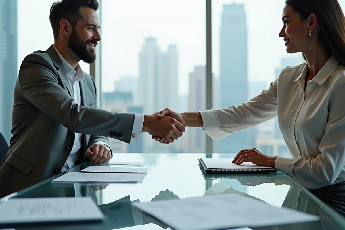 Deux professionnels se serrant la main lors d'une mise en relation réussie dans un espace de coworking moderne avec vue sur la ville