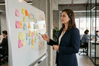 Responsable marketing présentant les 10P du mix marketing sur un tableau blanc en entreprise