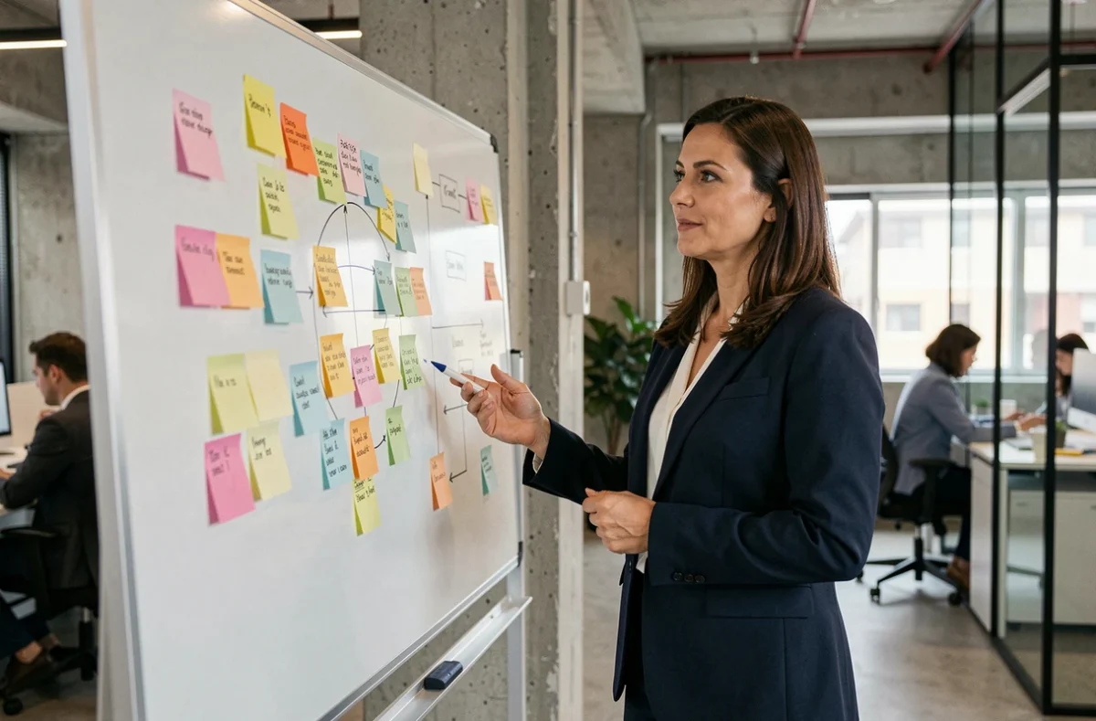 Responsable marketing présentant les 10P du mix marketing sur un tableau blanc en entreprise
