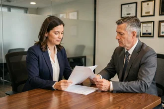 Une professionnelle de l'hôtellerie en blazer marine négocie son salaire face à un manager dans un bureau d'hôtel moderne