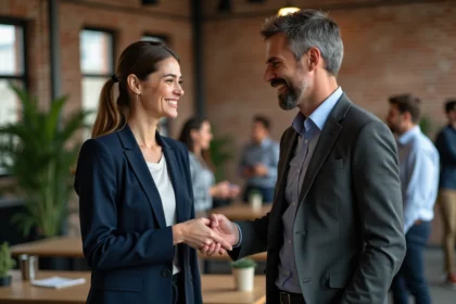 Deux professionnels échangeant des cartes de visite lors d'un événement de networking B2B en espace de co-working