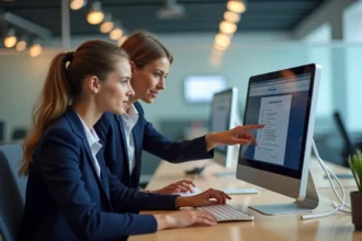 Nouvelle employée Air France découvrant le portail GPNet AF avec l'aide d'une collègue expérimentée dans un bureau moderne