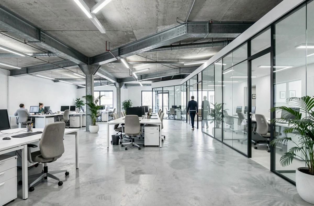 Espace de bureaux modernes en open space disponible à la location dans un bâtiment industriel rénové à Saint-Étienne