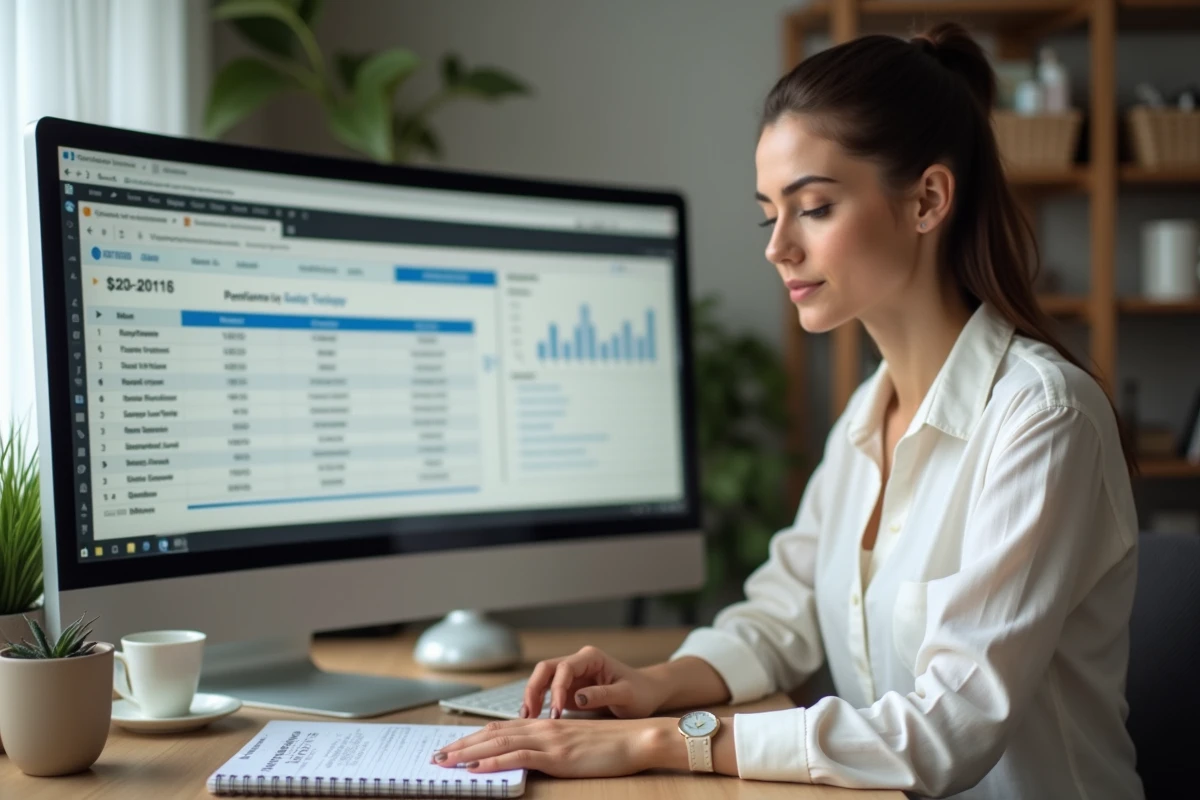Femme d'affaires utilisant un outil en ligne pour calculer les frais de cession d'un fonds de commerce depuis son bureau à domicile