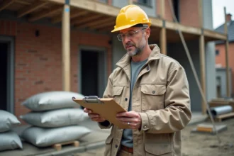 Ouvrier de chantier BTP consultant un devis de travaux urgents sur un chantier de construction résidentiel