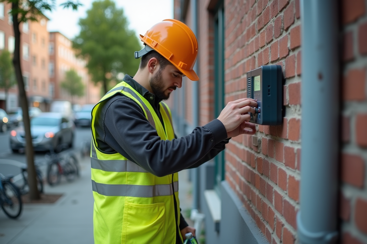 Jeune ouvrier ajustant un capteur en ville