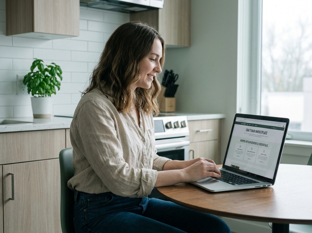 Particulière consultant les avis et profils d'artisans sur une plateforme en ligne depuis son domicile