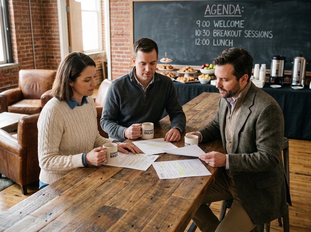 Trois collègues discutant autour d'un café pendant la pause d'un séminaire professionnel en entreprise