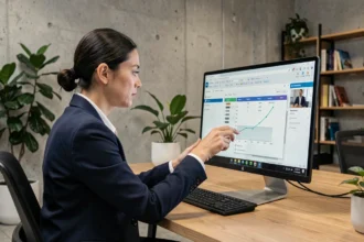 Femme professionnelle personnalisant un logiciel de gestion de stock sur un grand écran dans un bureau moderne