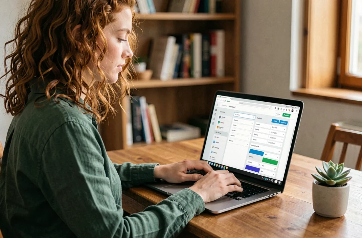 Jeune femme adaptant les modèles de workflow d'un logiciel de stock sur un ordinateur portable dans un bureau à domicile