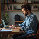 Salaire photographe : quel est le salaire moyen en France ? Photographe homme au bureau à domicile avec ordinateur et matériel