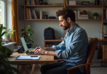 Salaire photographe : quel est le salaire moyen en France ? Photographe homme au bureau à domicile avec ordinateur et matériel
