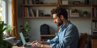 Salaire photographe : quel est le salaire moyen en France ? Photographe homme au bureau à domicile avec ordinateur et matériel