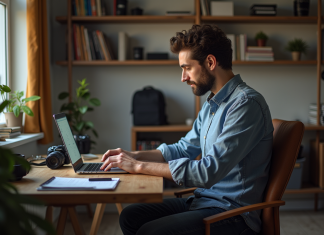 Salaire photographe : quel est le salaire moyen en France ? Photographe homme au bureau à domicile avec ordinateur et matériel