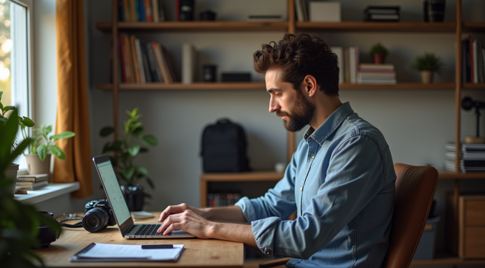 Salaire photographe : quel est le salaire moyen en France ? Photographe homme au bureau à domicile avec ordinateur et matériel