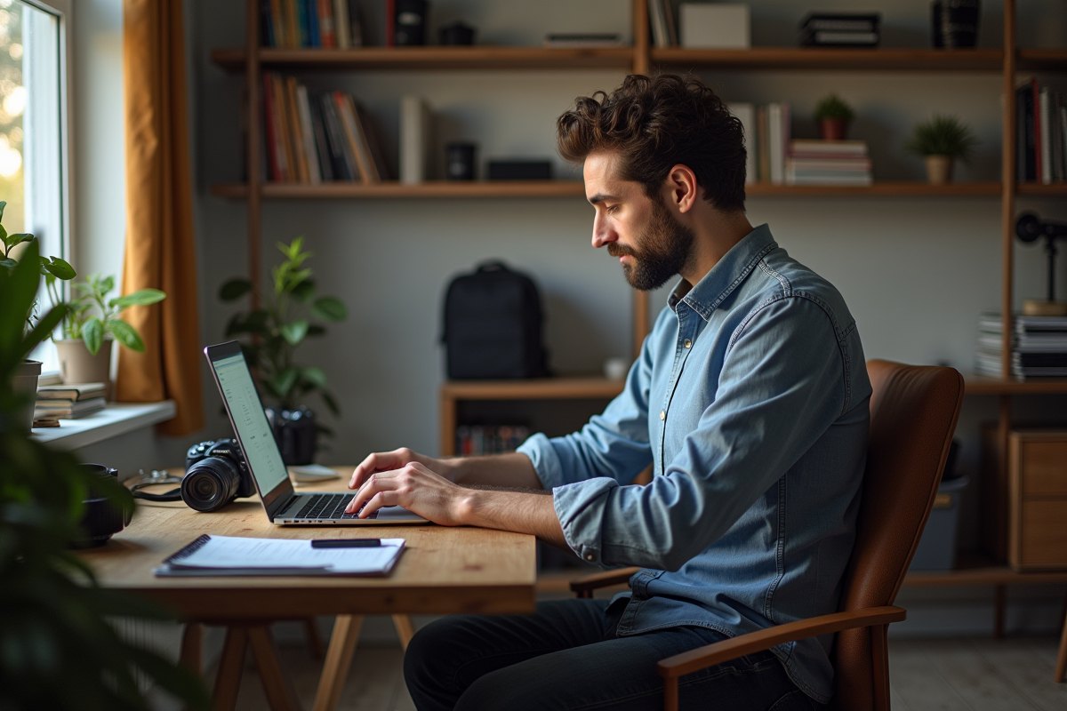 Photographe homme au bureau à domicile avec ordinateur et matériel