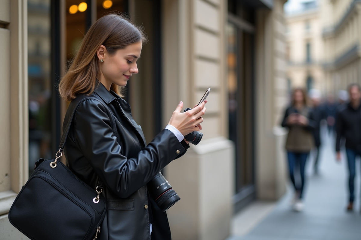 Jeune femme photographe dans une rue parisienne avec appareil photo