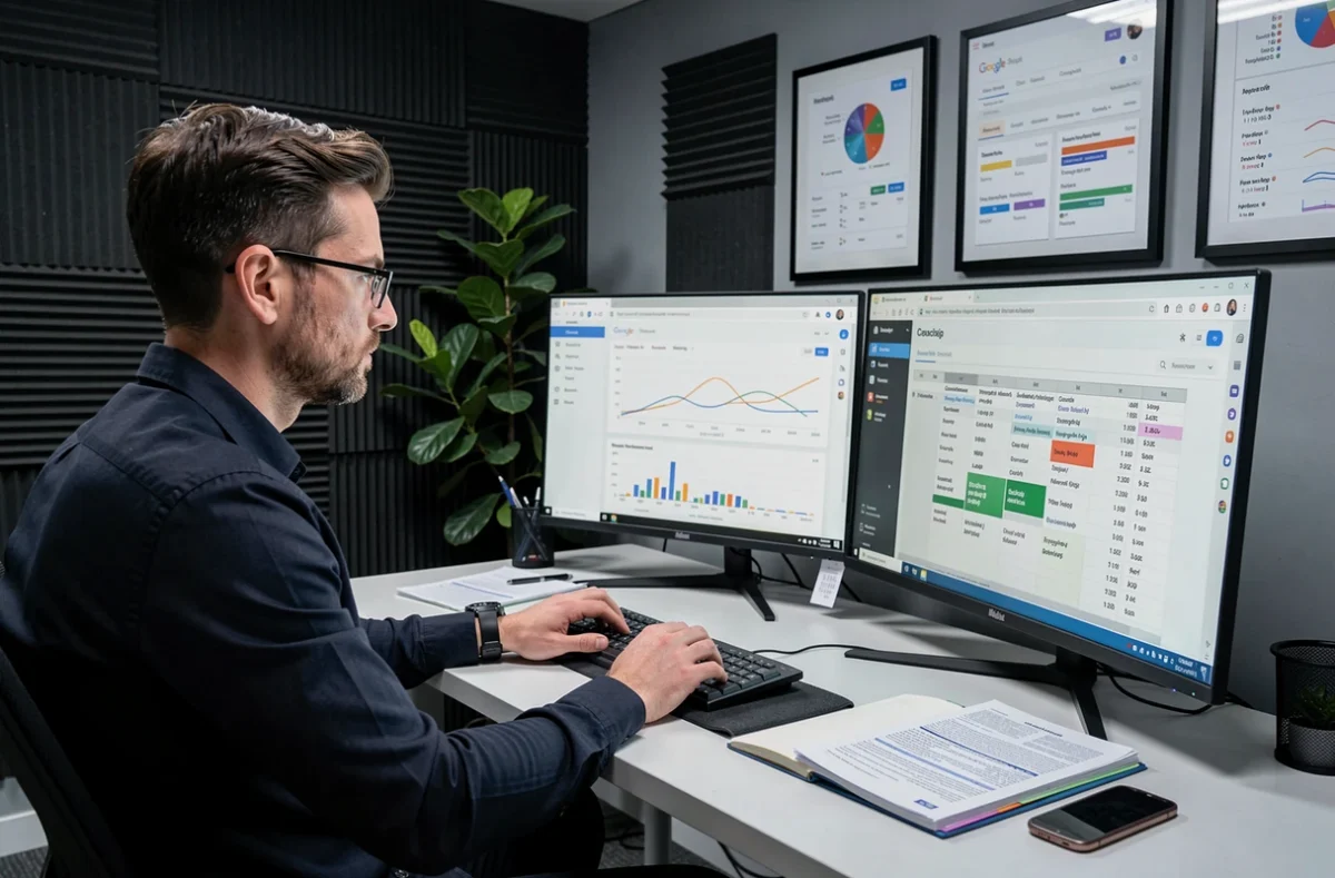 Analyste SEO pilotant la stratégie de référencement par l'analyse de données avec des tableaux de bord Google Search Console et des courbes de tendances de positionnement