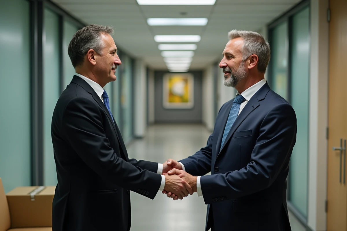 Deux collègues masculins se serrant la main avec respect dans un couloir d'entreprise, une boîte de déménagement visible en arrière-plan symbolisant un départ imminent