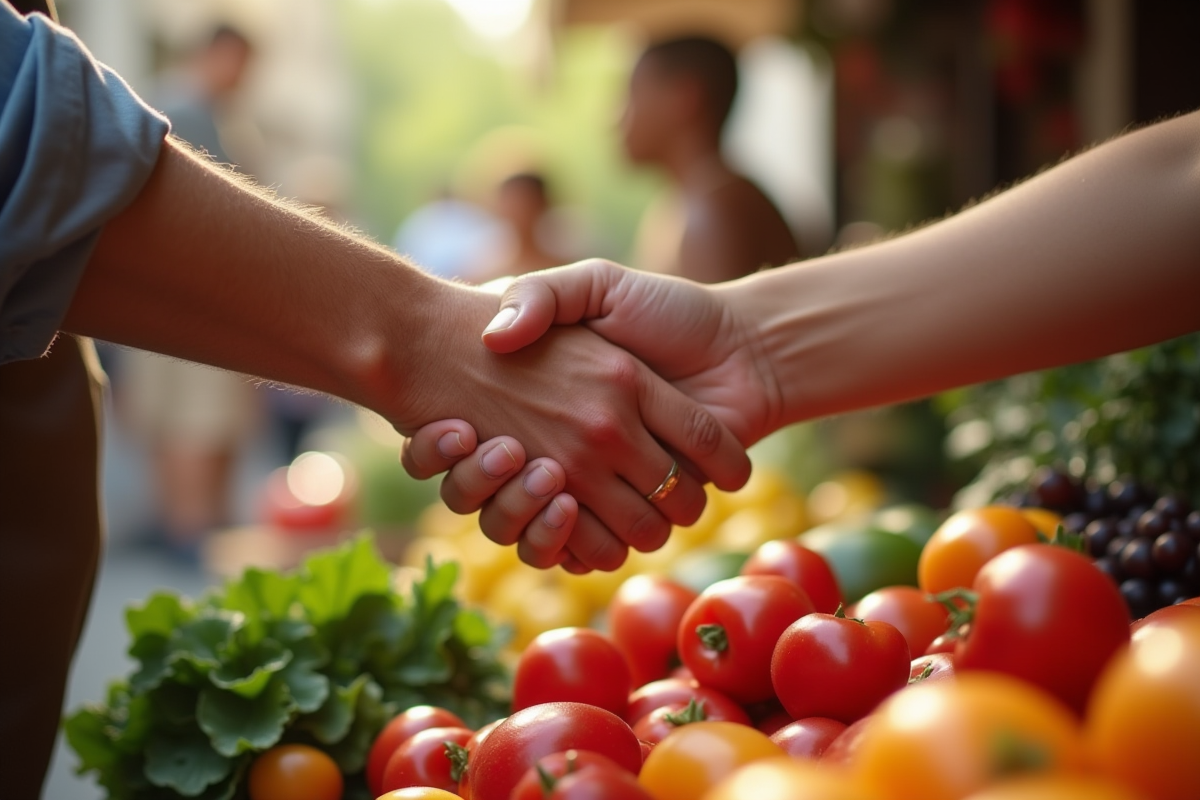 Poignée de main entre client et vendeur au marché